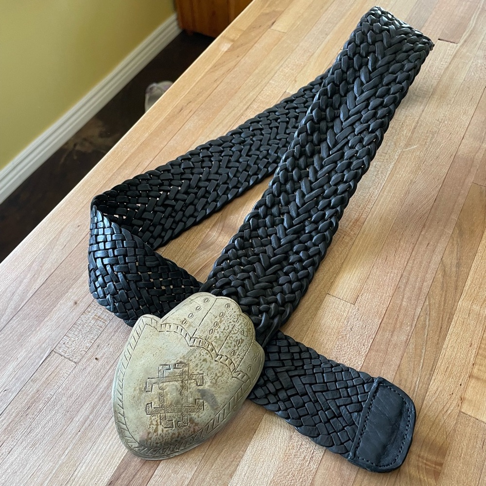 Vintage silver and black wide woven leather belt